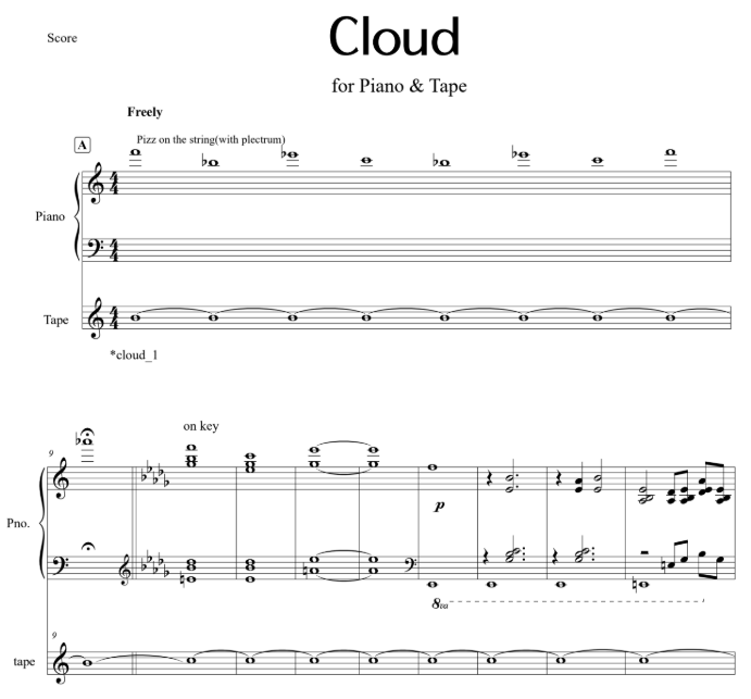 Opening of the score of Cloud for piano and tape: pizzicato on the string with a plectrum, then the piano on the keys over a sustained tape part.